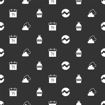 Set Planet, Cloudy weather, Calendar and Bottle of water on seamless pattern Stock Illustration