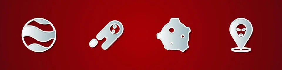 Set Planet, Comet falling down fast, Asteroid and Alien icon. Vector Illustrazione stock