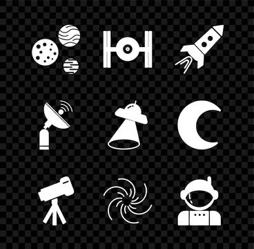 Set Planet, Cosmic ship, Rocket with fire, Telescope, Black hole, Astronaut.. Stock Illustration