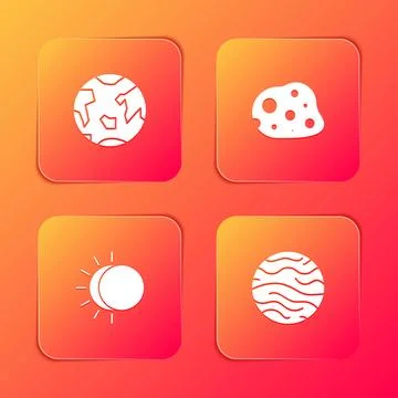 Set Planet Earth, Asteroid, Eclipse of the sun and Venus icon. Vector 스톡 일러스트