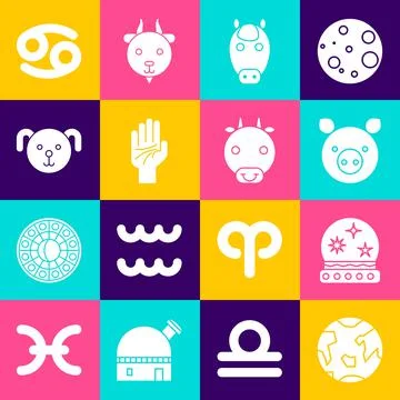 Set Planet Earth, Magic ball, Pig zodiac, Horse, Palmistry of the hand, Dog Stock Illustration