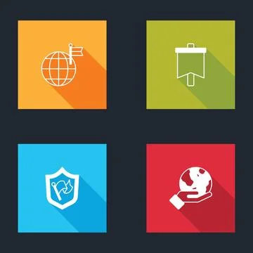 Set Planet with flag, Flag, Shield and Hand holding Earth globe icon. Vector Stock Illustration