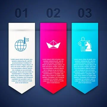 Set Planet with flag, Folded paper boat and Chess. Business infographic template Stock Illustration