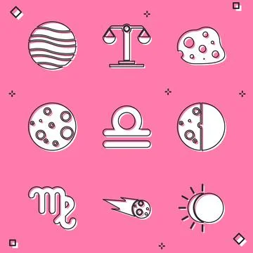 Set Planet Jupiter, Libra zodiac, Asteroid, Moon, Eclipse of the sun, Virgo and 스톡 일러스트