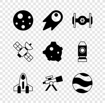 Set Planet Mars, Comet falling down fast, Cosmic ship, Rocket, Telescope Иллюстрация