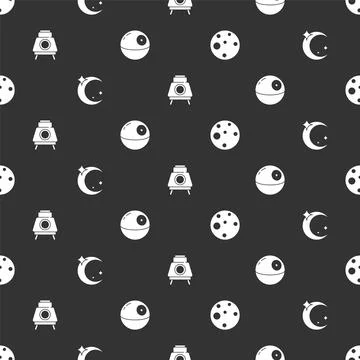 Set Planet Mars, Moon and stars, rover and Death on seamless pattern. Vector Ilustração Stock