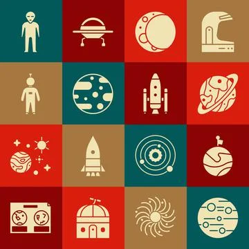 Set Planet Mars, Moon with flag, Saturn, Astronaut, Alien and Space shuttle and Ilustração Stock