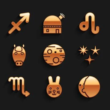 Set Planet Mars, Rabbit zodiac, Eclipse of the sun, Falling star, Scorpio, Horse 스톡 일러스트