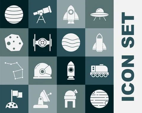 Set Planet, Mars rover, Rocket ship, Cosmic, Asteroid, Venus and icon. Vector 스톡 일러스트
