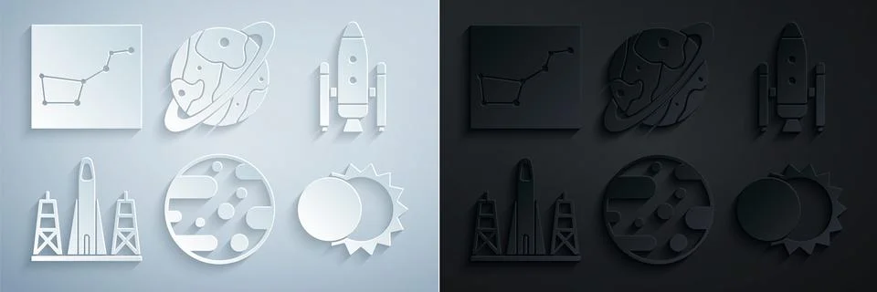 Set Planet Mars, Space shuttle and rockets, Rocket launch from the spaceport Stock Illustration
