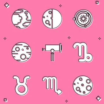 Set Planet Mercury, Eclipse of the sun, Solar system, Mars, Telescope, Capricorn Illustrazione stock