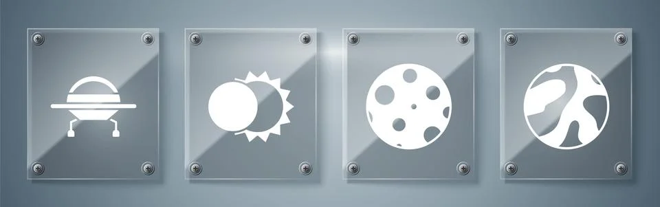 Set Planet, Moon, Eclipse of the sun and UFO flying spaceship. Square glass Ilustração Stock