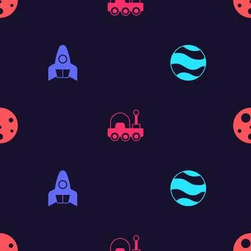 Set Planet, Rocket ship, Mars rover and on seamless pattern. Vector Illustrazione stock