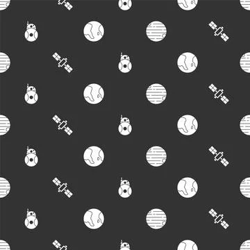 Set Planet, Satellite, Robot and Earth globe on seamless pattern. Vector Stock Illustration