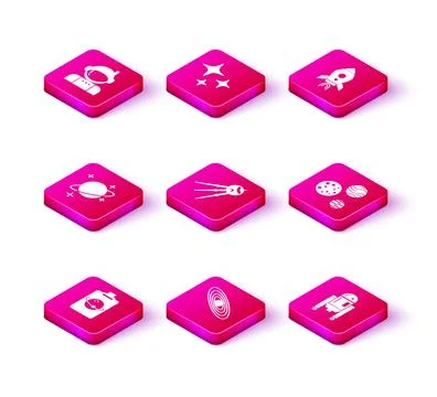 Set Planet, Satellite, Robot, Rocket ship with fire and Falling star icon. .. 库存插图