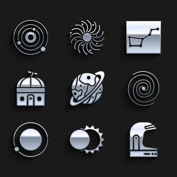 Set Planet Saturn, Eclipse of the sun, Astronaut helmet, Black hole, Satellit イラスト素材