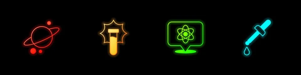 Set Planet Saturn, Explosion in the flask, Atom and Pipette icon. Vector Stock Illustration