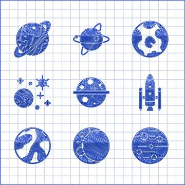Set Planet Saturn, Moon, Mars, Space shuttle and rockets, planet, Earth globe Ilustração Stock