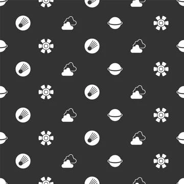 Set Planet Saturn, Sun, Comet and Cloudy weather on seamless pattern. Vector Stock Illustration