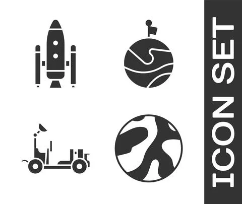 Set Planet, Space shuttle and rockets, Mars rover and Moon with flag icon Ilustração Stock