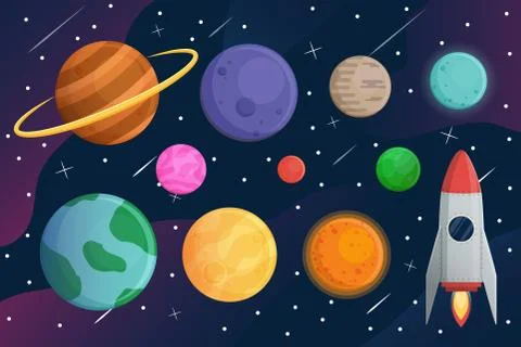 Set planet  with spaceship or rocket and galaxy vector background Stock Illustration