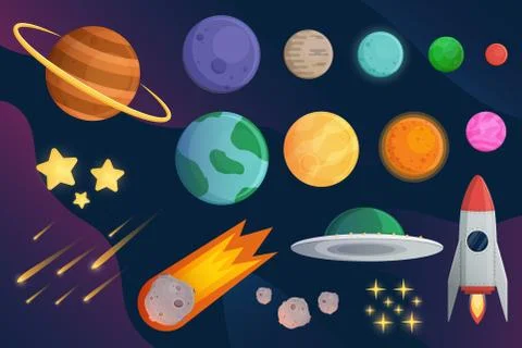 Set planet  with spaceship or rocket and galaxy vector background Stock Illustration