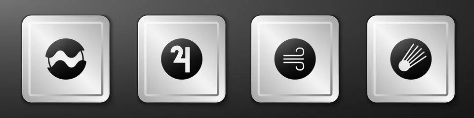 Set Planet, Symbol Jupiter, Windy weather and Comet icon. Silver square but.. Stock Illustration