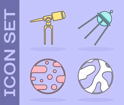 Set Planet, Telescope, Planet Mars and Satellite icon. Vector Stock Illustration
