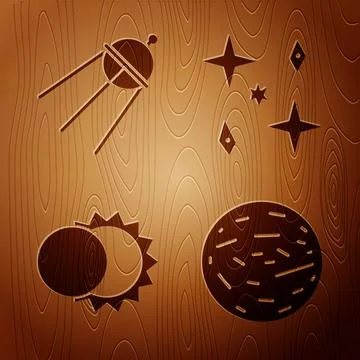 Set Planet Venus, Satellite, Eclipse of the sun and Falling stars on wooden 스톡 일러스트