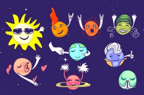 A set of planets with faces. Stock Illustration