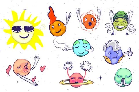 A set of planets with faces. Planets in space see off the car with the driver Stock Illustration