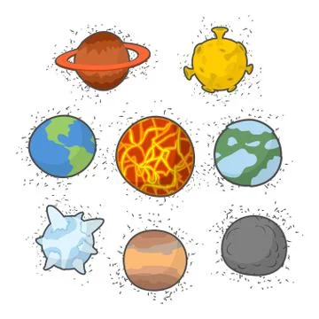Set  planets solar system. Funny cartoon planet- Star:  Earth and  Moon,  Sun Ilustração Stock