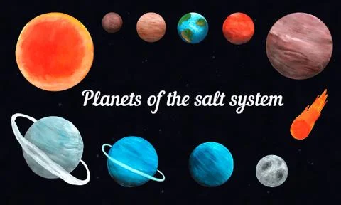 Set of planets of the solar system, hand-drawn by paints on a background of t Stock Illustration