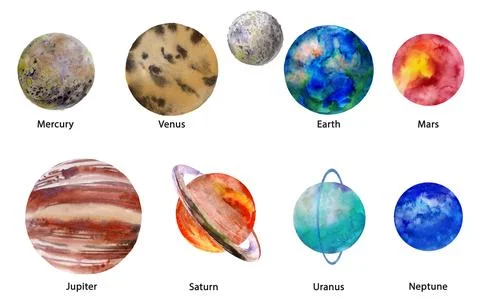 Set of planets of the solar system painted in watercolor on white Stock Illustration