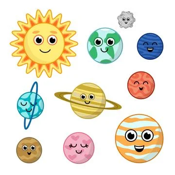 Set of planets of Solar system. Sun, Earth, Moon, Venus, Mars, Saturn. Cartoon Stock Illustration