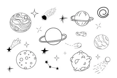 Set planets space elements, stars, meteorite in doodle style. Galaxy icons Stock Illustration