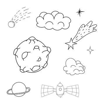 Set planets space elements, stars, meteorite in doodle style. Galaxy icons 스톡 일러스트