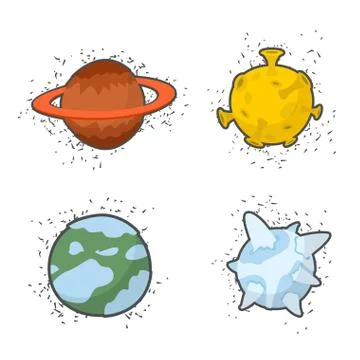 Set  planets on a white background: the Moon and Saturn, ice planet. Vector i Ilustração Stock