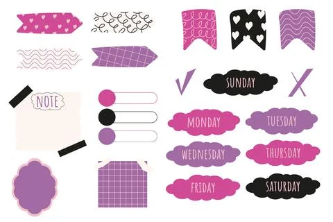 Set planner stickers, bookmarks and elements doodle cartoon style, bright trendy Stock Illustration