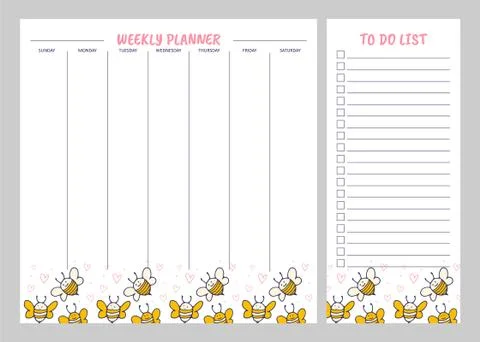 Set of planners with cute bees. Weekly planner and to do list Illustrazione stock