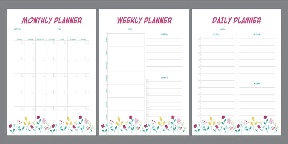 Set of planners with floral summer design. Monthly, weekly, daily planner. Stock Illustration