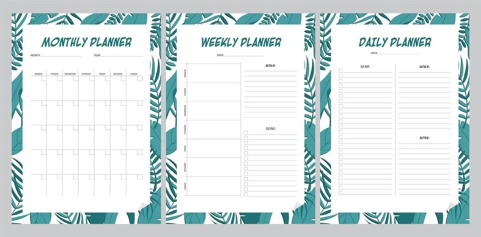 Set of planners with leaves pattern. Monthly, weekly, daily planner. Stock Illustration