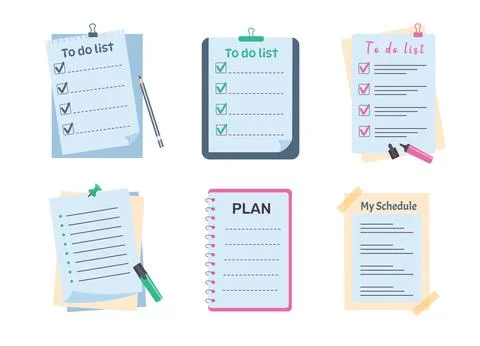 Set of planners, memo paper sheets, sticky note, reminder, to do list, pins.. Illustrazione stock