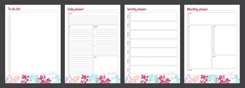 Set of planners with minimalistic floral design. Monthly, weekly, daily plann Illustrazione stock