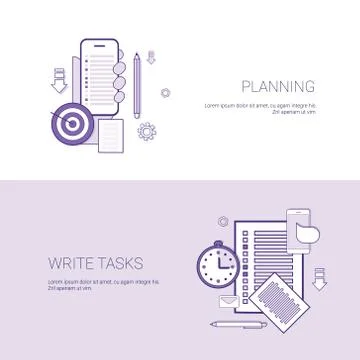 Set of Planning And Write Tasks Banners Business Concept Template Background Stock Illustration