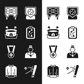 Set Planning strategy, Baseball arena, mechanical scoreboard, base, Medal wit Stock Illustration