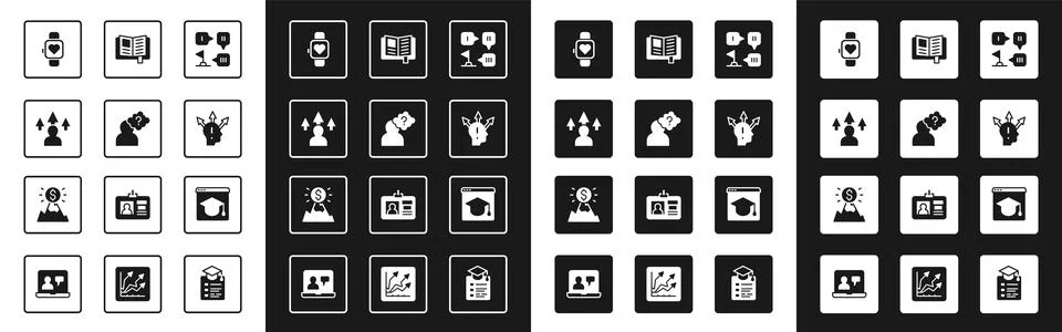 Set Planning strategy, Head with question mark, Front end development, Smart Ilustración de archivo
