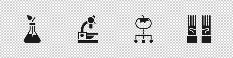 Set Plant breeding, Microscope, Genetically modified food and Medical rubber  Stock Illustration