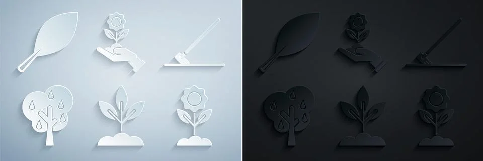 Set Plant, Garden rake in work, Tree with pears, Flower, Hand holding flowe.. Stock Illustration