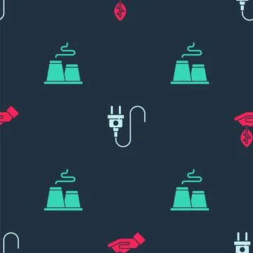 Set Plant in hand, Electric plug and Factory on seamless pattern. Vector 스톡 일러스트